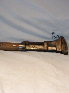 VINTAGE OAK LEAF BRAND 12" MONKEY WRENCH-WOOD HANDLE-EASILY ADJUSTABLE